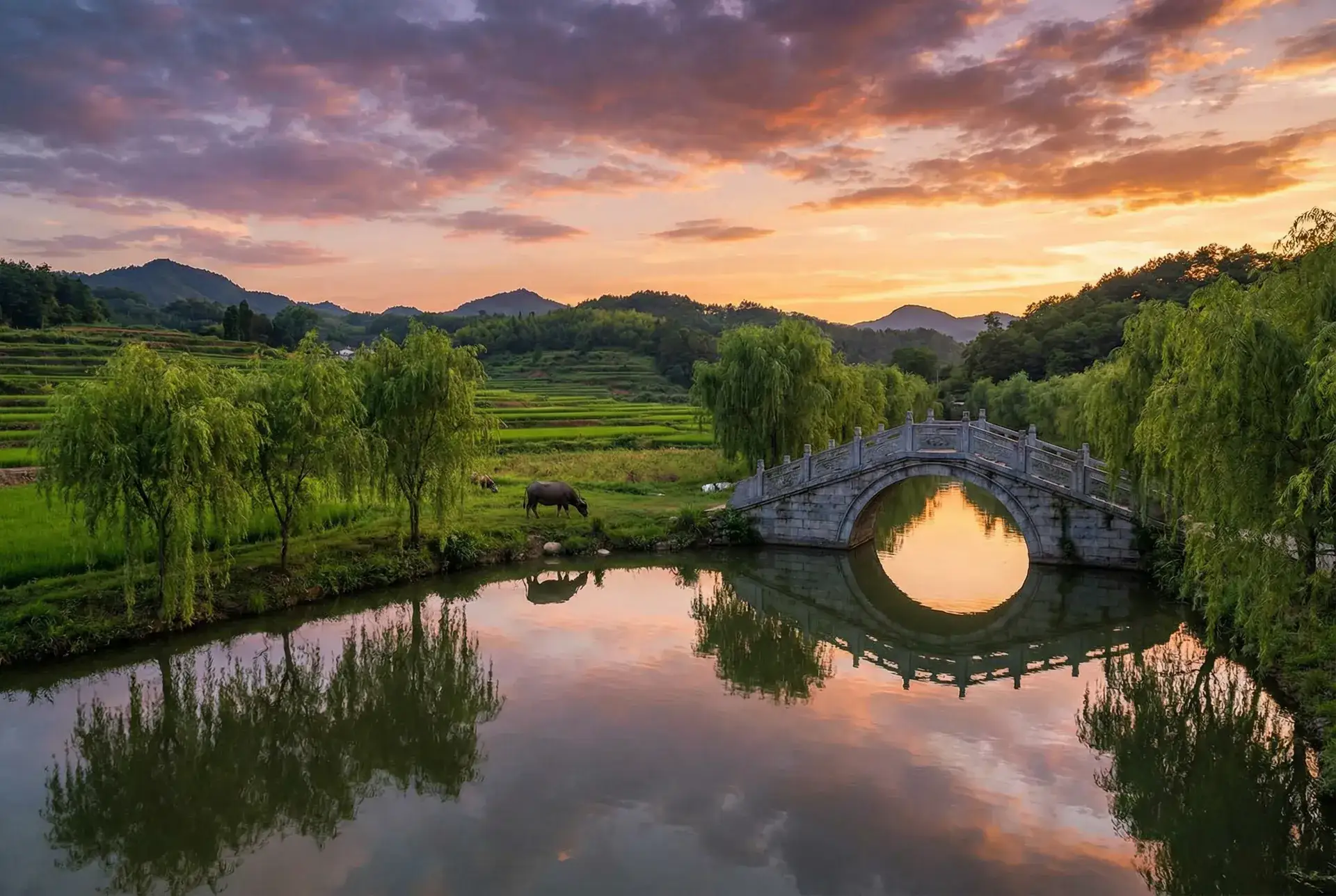 夕阳下的石拱桥与垂柳，水牛在河边吃草 - 欧美eee114 乡村美景